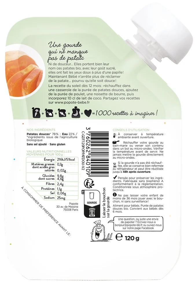 Piure cu cartofi dulci Bio, 4-6 luni, 120g, Popote
