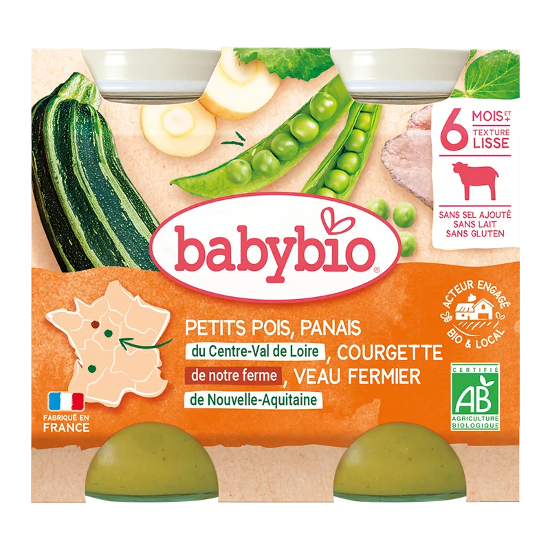 Piure bio din mazare, dovlecel si vitel +6 luni, 2 x 200g, BabyBio