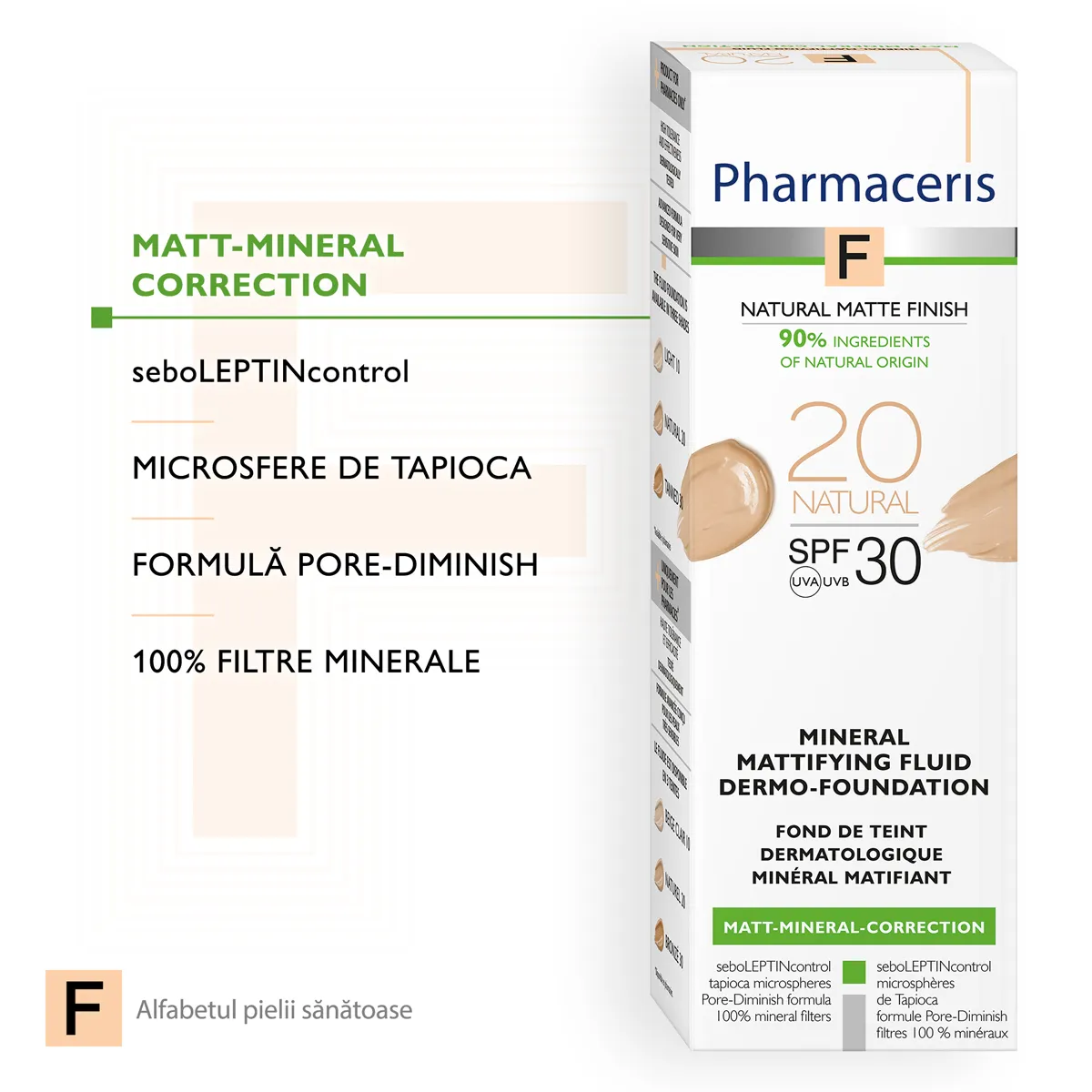Fond de ten fluid matifiant mineral SPF30 20 Natural F, 30ml, Pharmaceris 