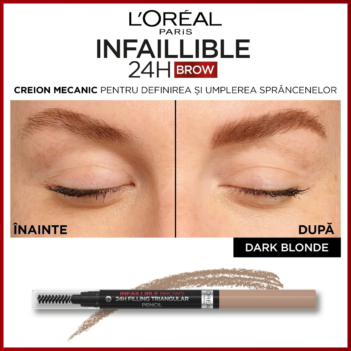 Creion de sprancene Infaillible Brows 245 Triangular 6.0 Dark Blonde, 1ml, L'Oreal Paris