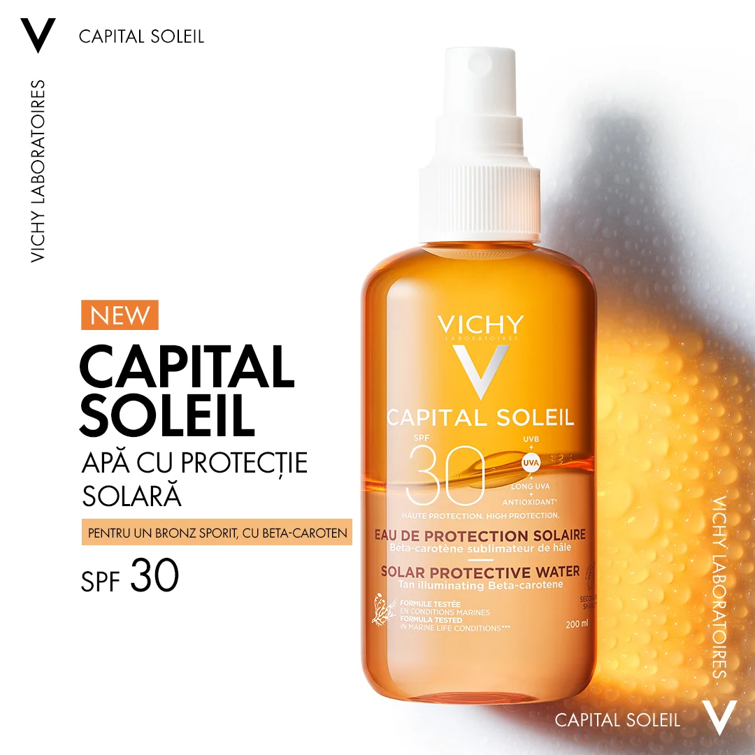 Apa cu protectie solara SPF 30+ pentru bronz de durata fata si corp Capital Soleil, 200ml, Vichy