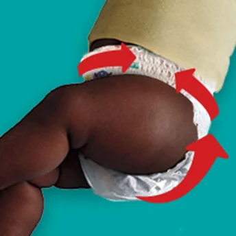 Scutec Pampers cu protectie pentru zona ombilicala, indicator de umezeala, ultra respirabilitate si mansete duble pentru zona picioarelor.