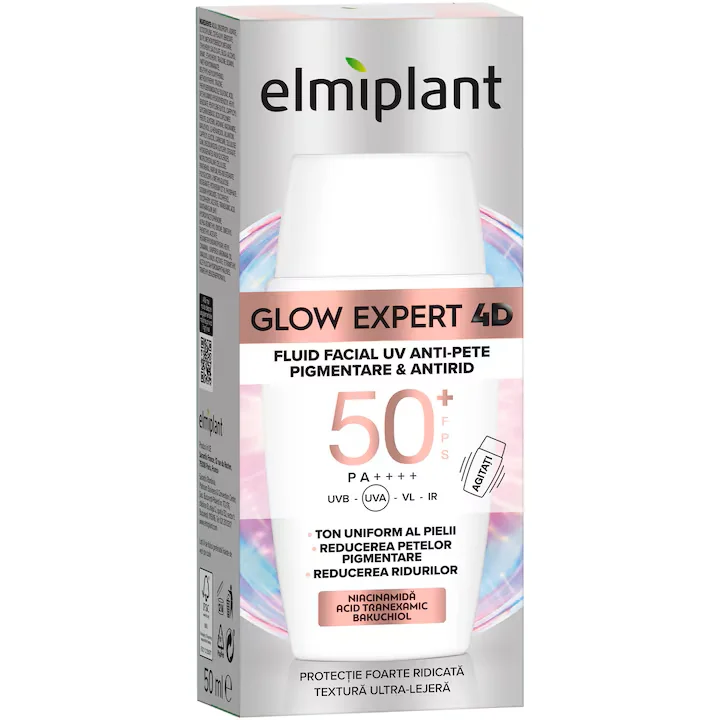 Fluid facial anti-pete pigmentare cu SPF50+ Glow Expert 4D, 50ml, Elmiplant