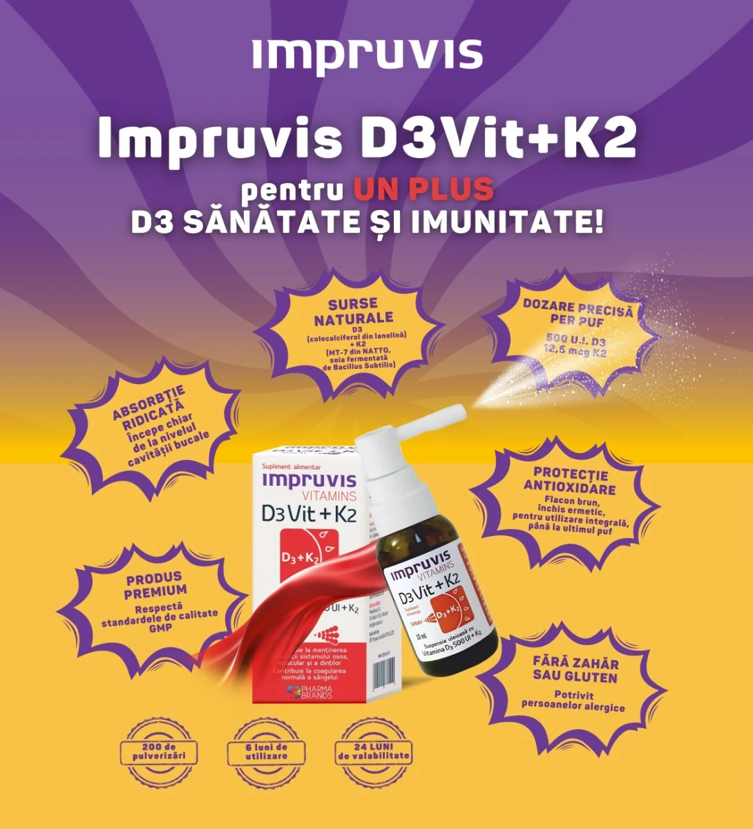 Spray suspensie uleioasa cu vitamina D3+K2 Impruvis D3Vit, 10ml, Pharma Brands
