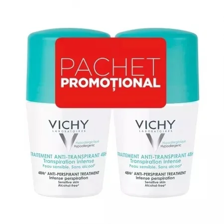 Pachet Deodorant roll-on antiperspirant cu parfum 48h, 2x50ml, Vichy