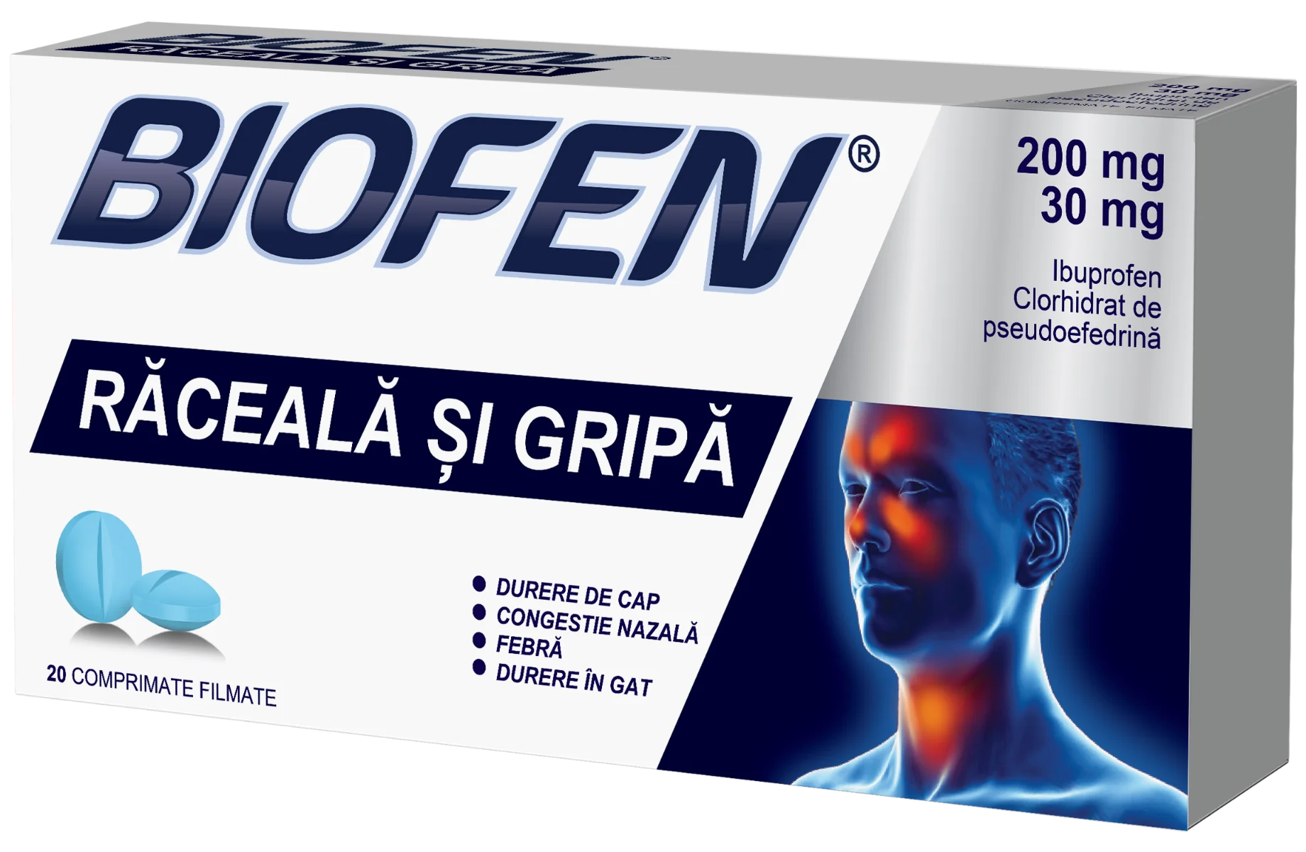 Biofen raceala si gripa 200 mg/30 mg, 20 comprimate filmate, Biofarm