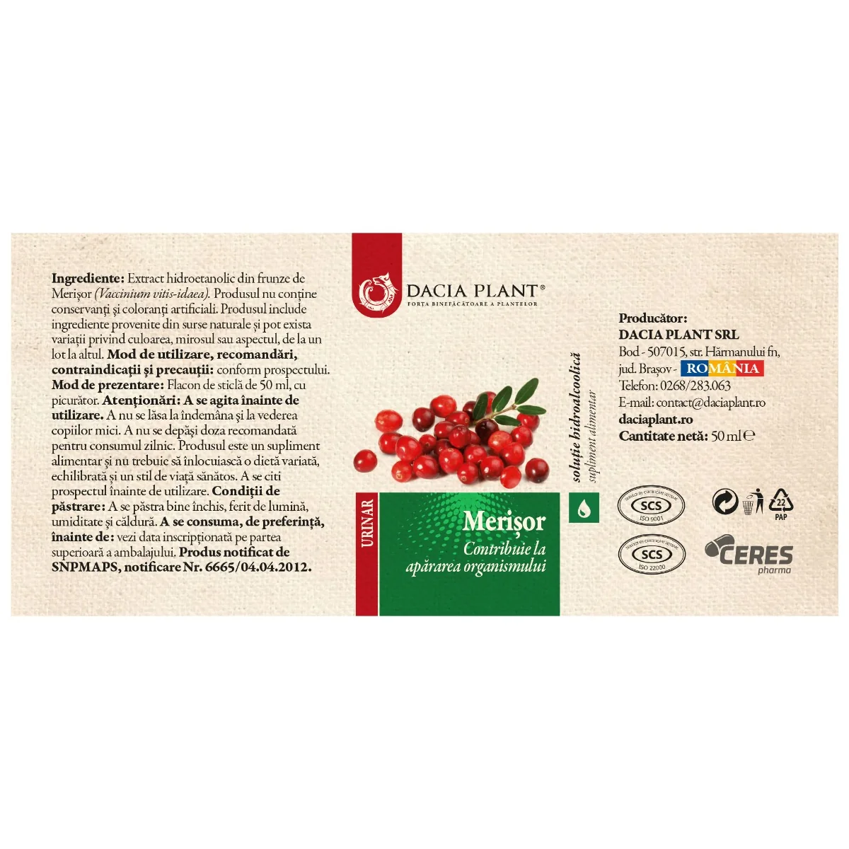 Tinctura de merisor, 50ml, Dacia Plant 