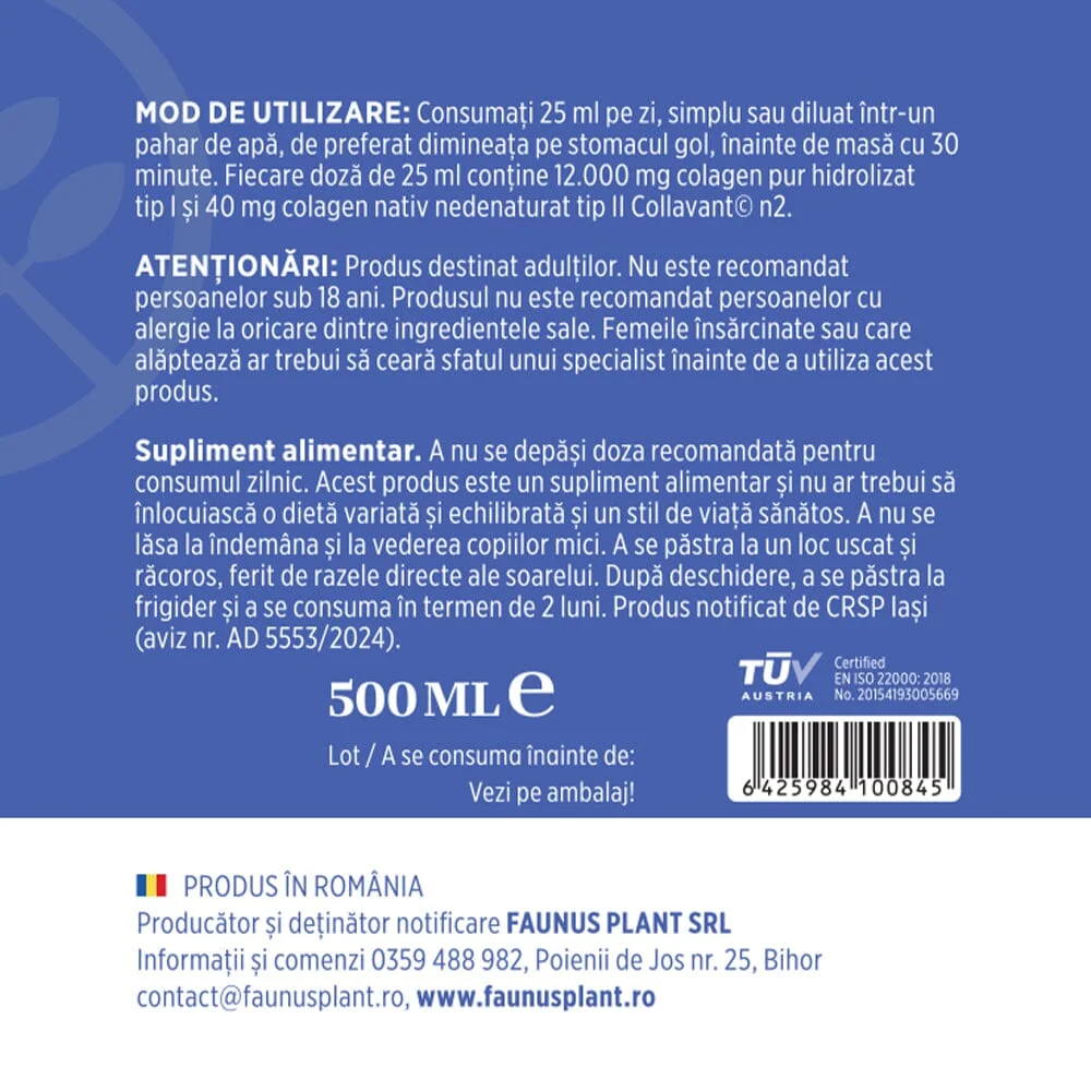 Colagen hidrolizat pentru articulatii Colagenus Articulatii Forte, 500ml, Faunus Plant