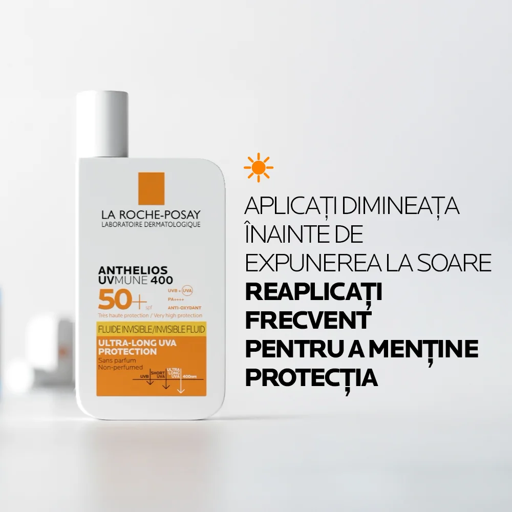 Fluid invizibil cu protectie solara SPF 50+ textura ultra-fluida pentru ten sensibil fara parfum Anthelios UV-Mune 400, 50ml, La Roche-Posay