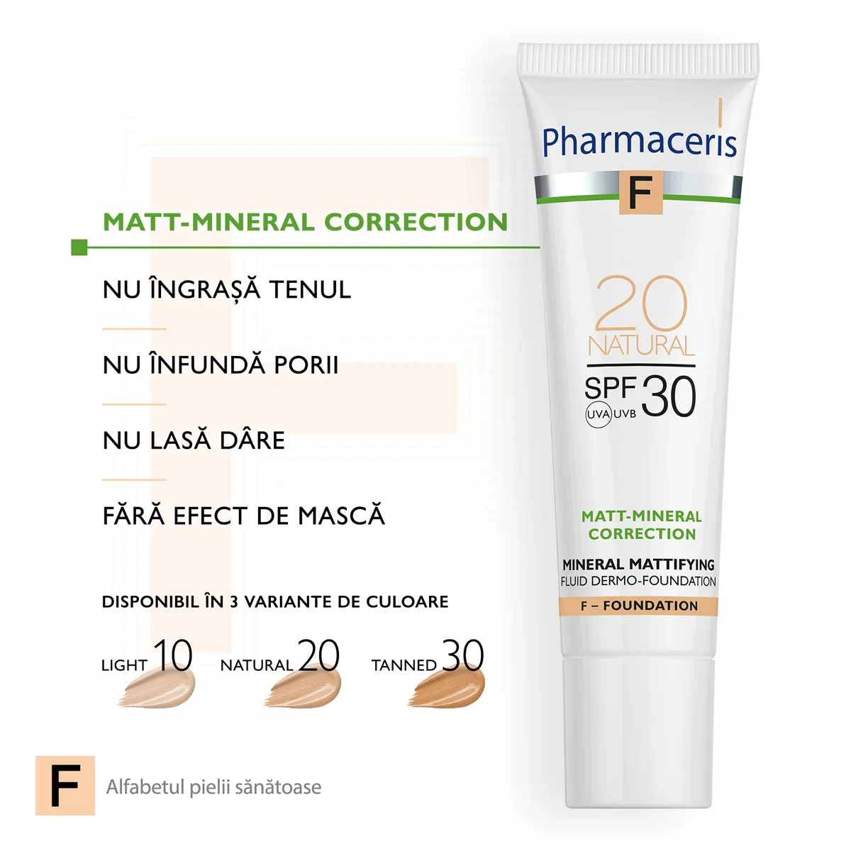 Fond de ten fluid matifiant mineral SPF30 20 Natural F, 30ml, Pharmaceris