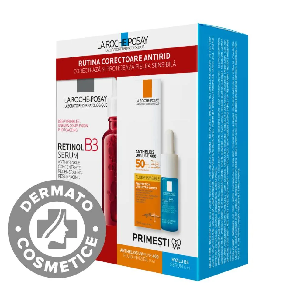 Pachet Serum Retinol B3 30ml + Anthelios UVmune 400 SPF50 15ml + Ser Hyalu B5 10ml, La Roche-Posay