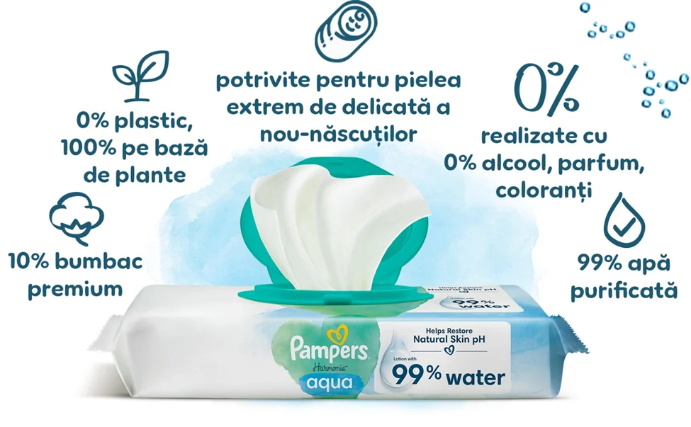 Servetele umede Pampers Harmonie Aqua cu 99% apa purificata, fara alcool, parfum sau coloranti, potrivite pentru pielea delicata a nou-nascutilor. Servetele umede Pampers Harmonie Aqua cu 99% apa purificata, fara alcool, parfum sau coloranti, potrivite pentru pielea delicata a nou-nascutilor.