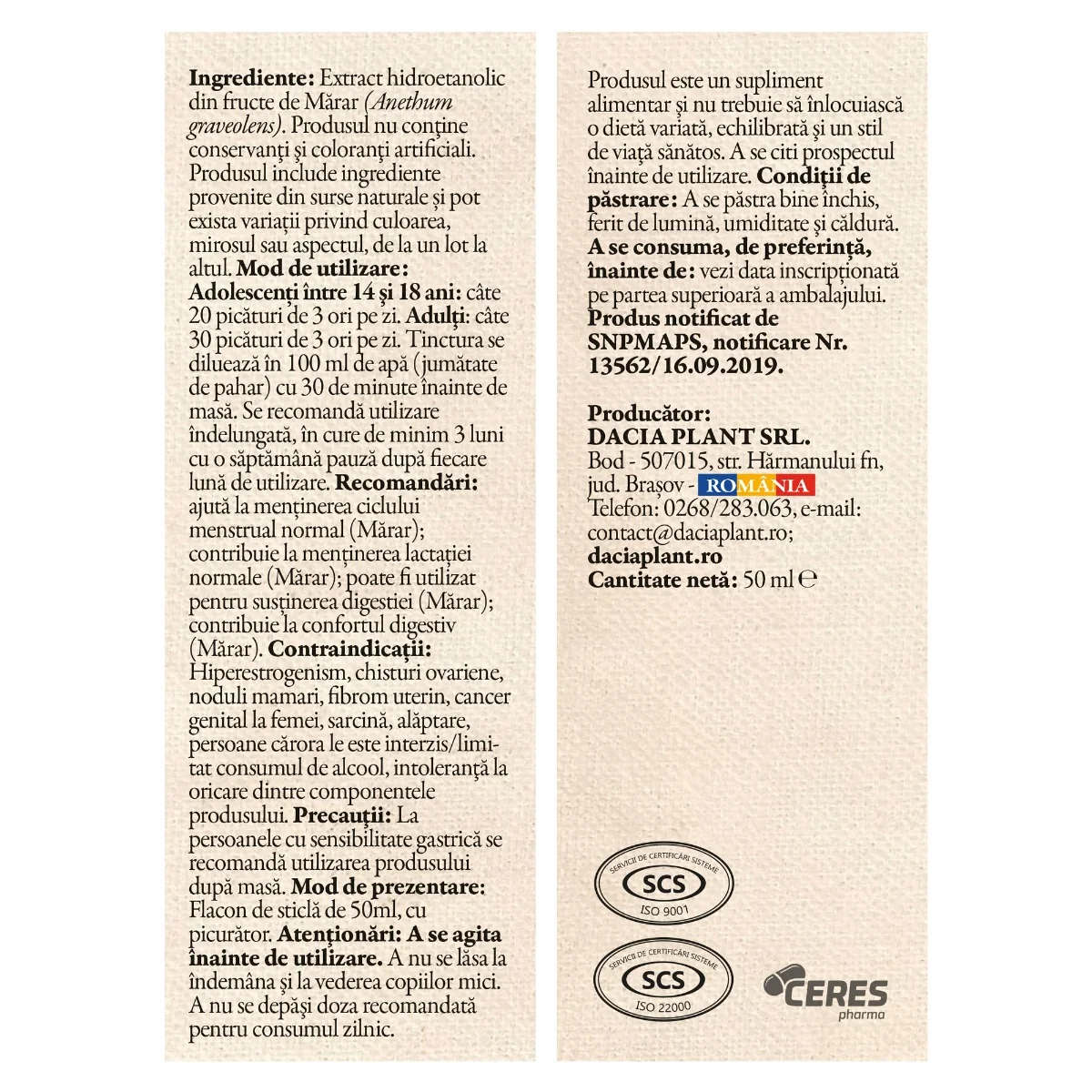 Tinctura de marar, 50ml, Dacia Plant