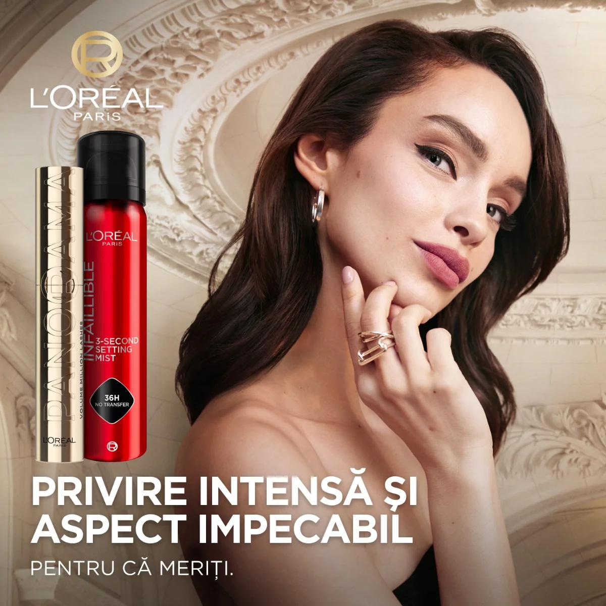 Set Spray de fixare rezistent la transfer Infaillible 3 Second Setting Mist 75ml + Mascara Panorama By Volume Million Lashes Black 9.9ml, L'Oreal Paris