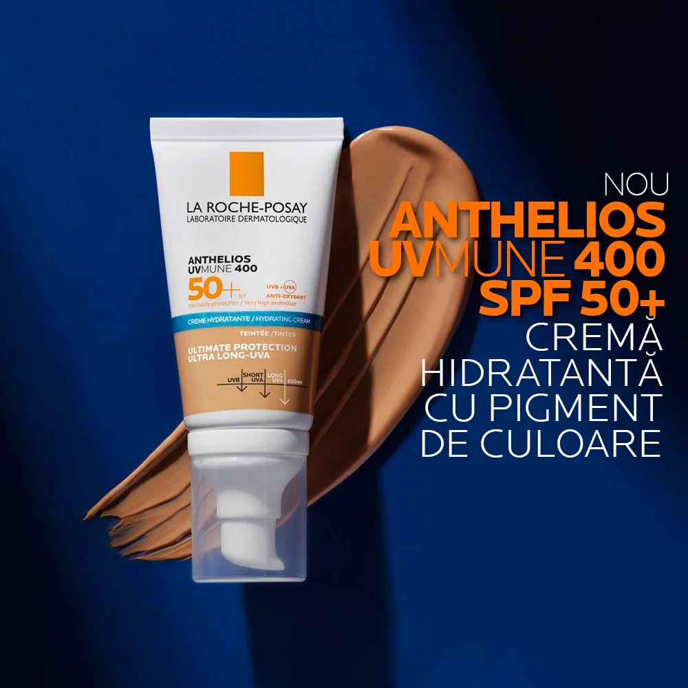Crema hidratanta cu pigment de culoare protectie solara SPF 50+ pentru ten sensibil sau intolerant la soare Anthelios UV-Mune 400, 50ml, La Roche-Posay