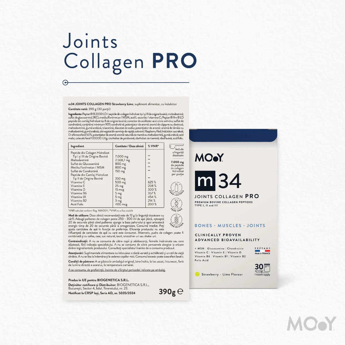 Colagen bovin pentru articulatii cu aroma de capsuni-lime M34, 390g, Molecules of Youth 