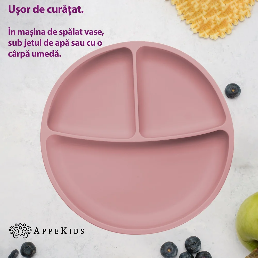 Farfurie compartimentata din silicon cu ventuza Old Rose 6 luni+, 1 bucata, Appekids