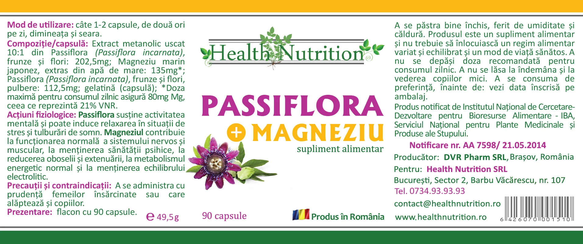 Passiflora cu Magneziu, 90 capsule, Health Nutrition