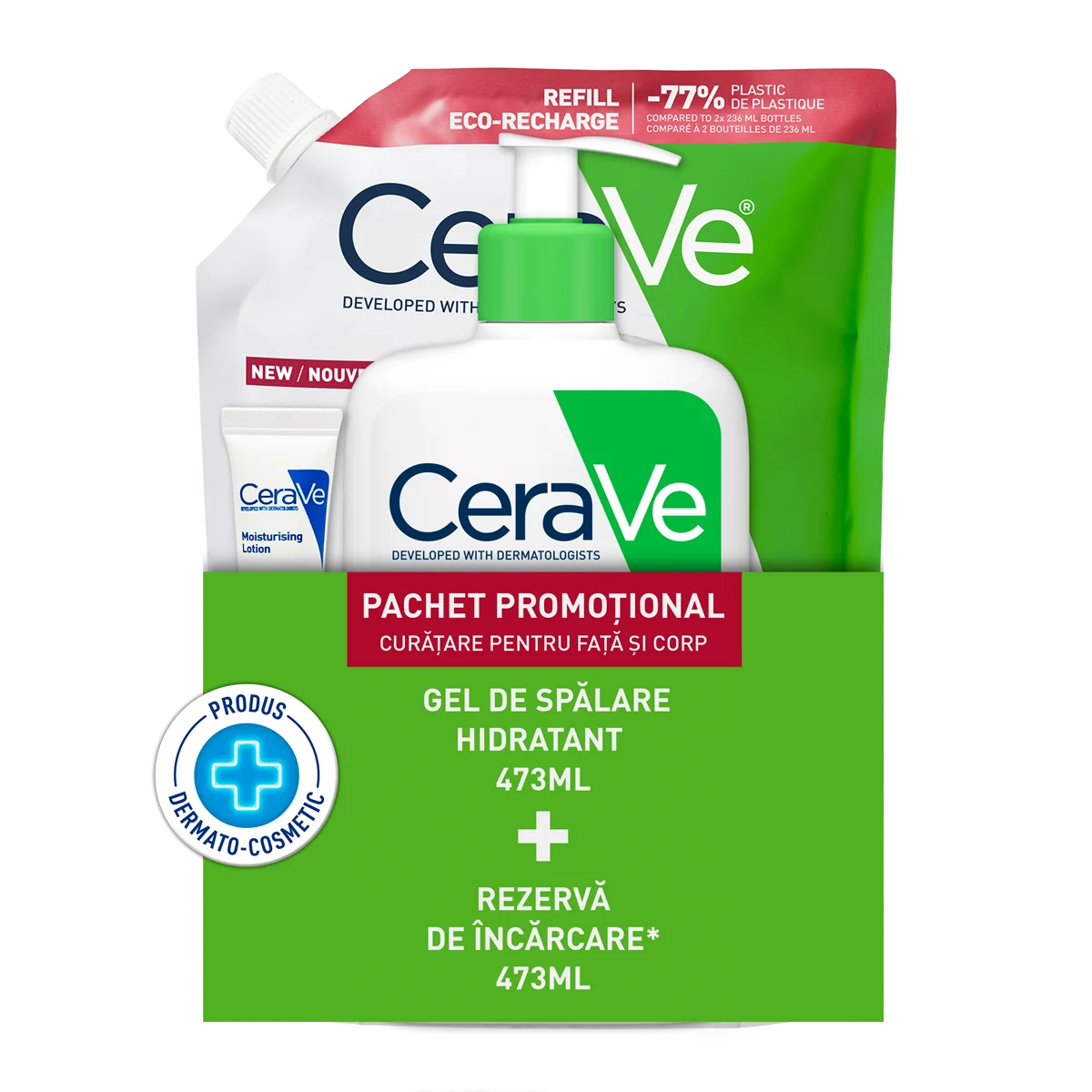 Pachet Gel de spalare hidratant 473ml + Refill Gel de spalare hidratant 473ml + Lotiune hidratanta 5ml, CeraVe