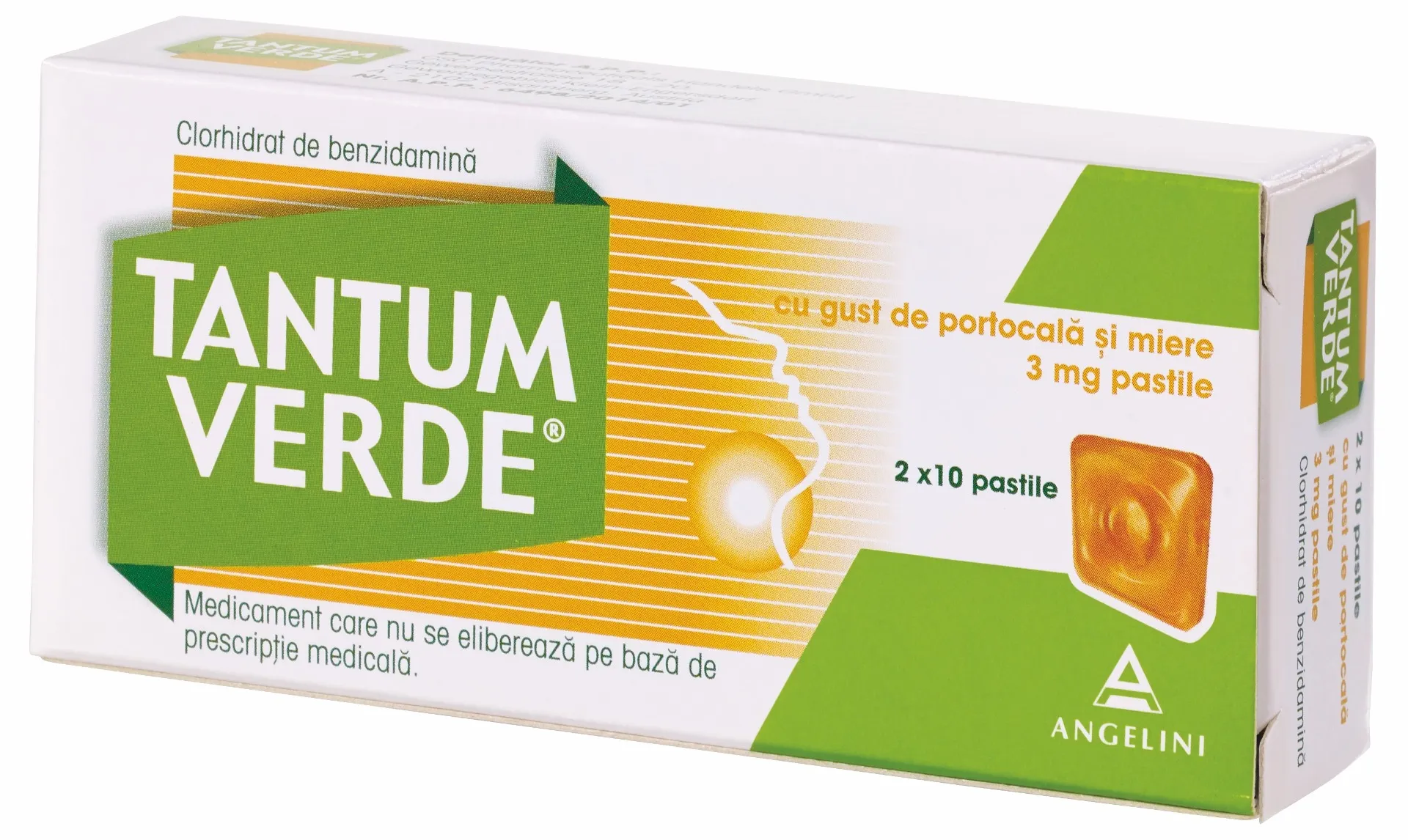 Tantum Verde cu gust de portocale si miere 3 mg, 20 pastile, Angelini