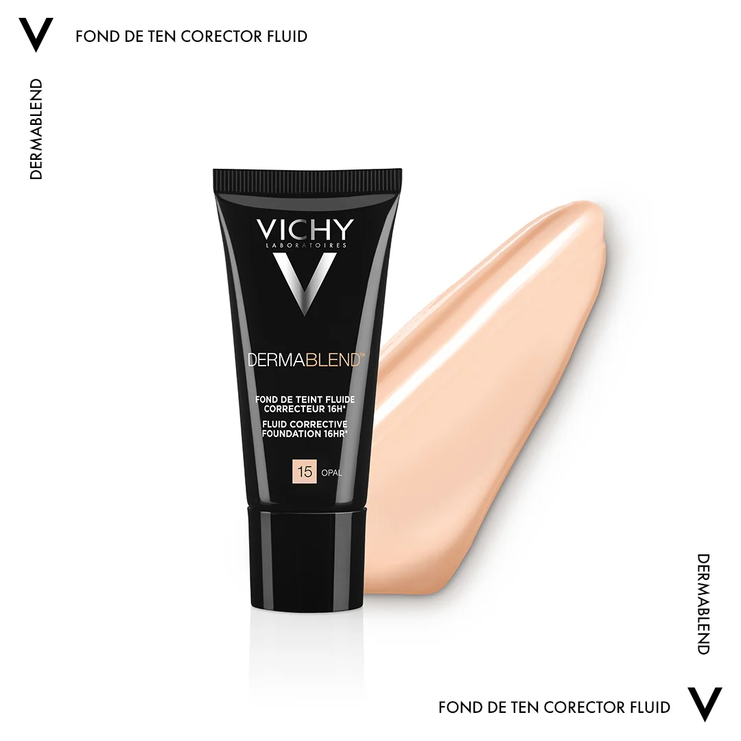 Fond de ten corector fluid rezistenta 16h SPF28 ten normal sau uscat Dermablend 15, 30ml, Vichy
