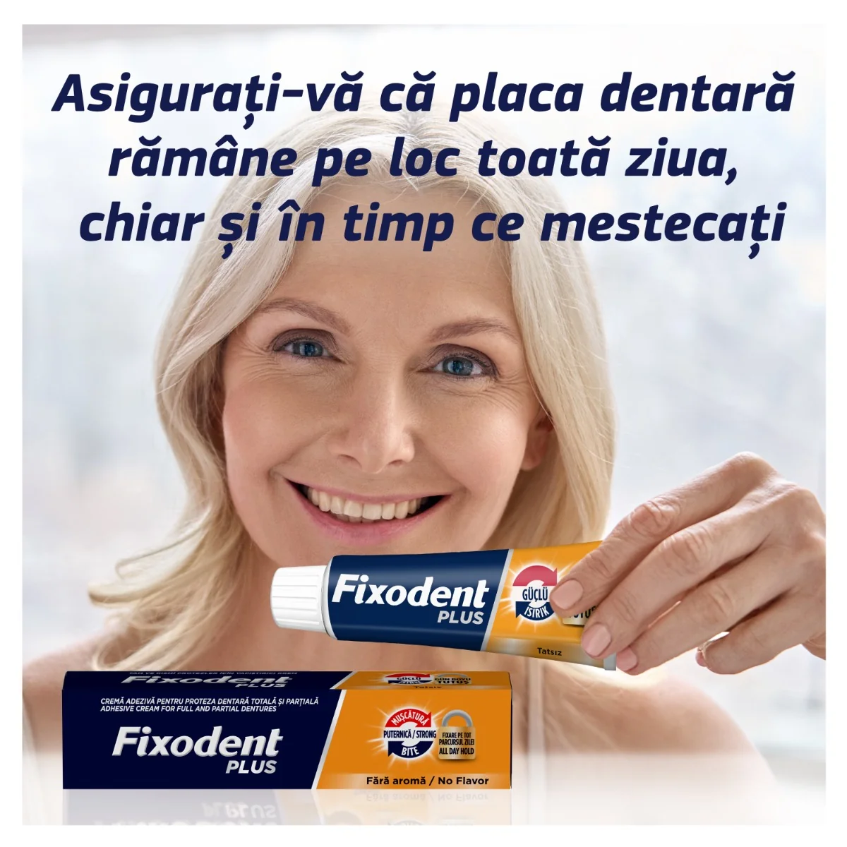 Crema adeziva Plus Strong Bite pentru proteza dentara completa si partiala, 57ml, Fixodent