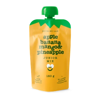 Piure pasteurizat din fructe cu mere banane mango si ananas Junior Mix, 180g, Nutrino Lab