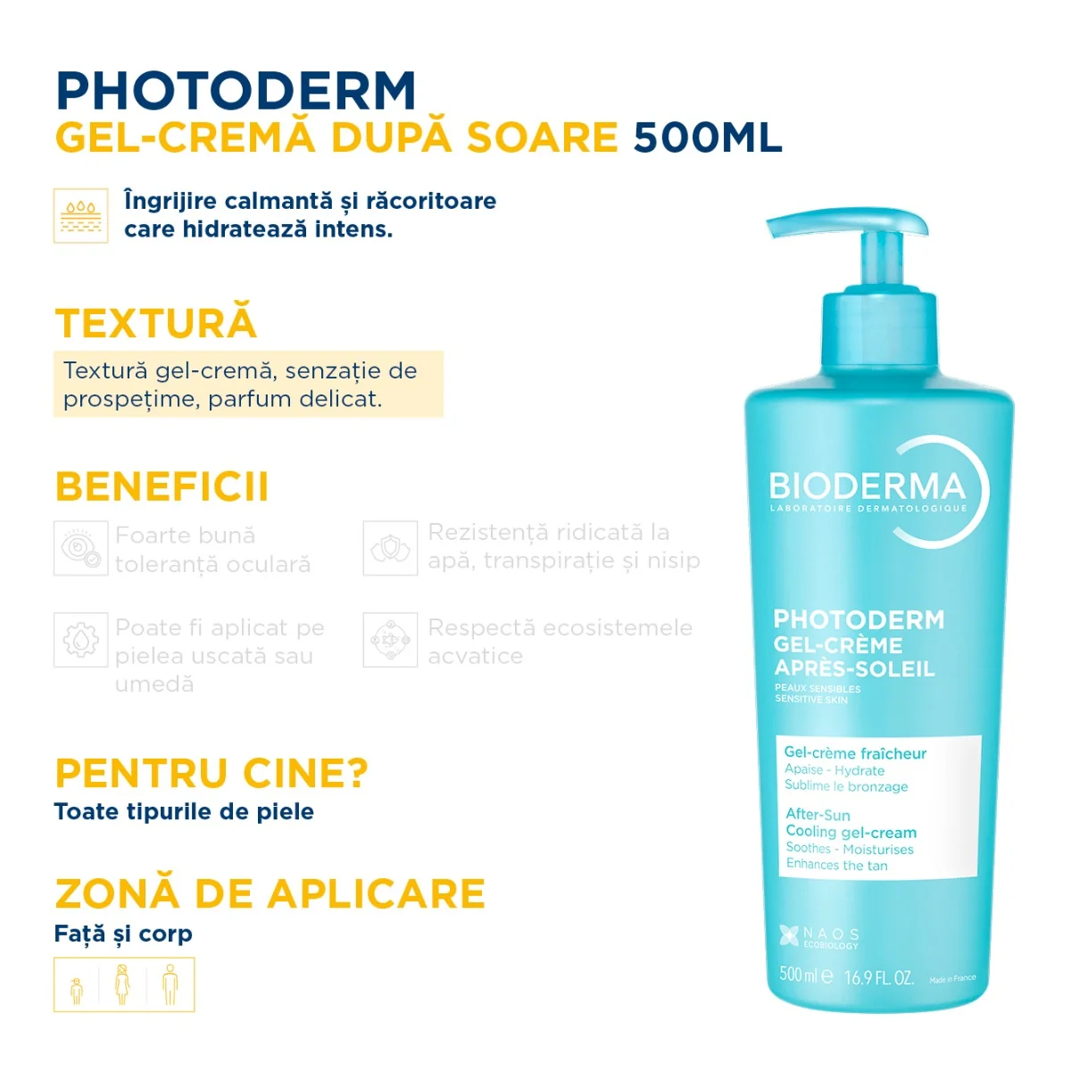 Gel-crema dupa expunerea la soare pentru piele sensibila Photoderm Apre-Soleil, 500ml, Bioderma