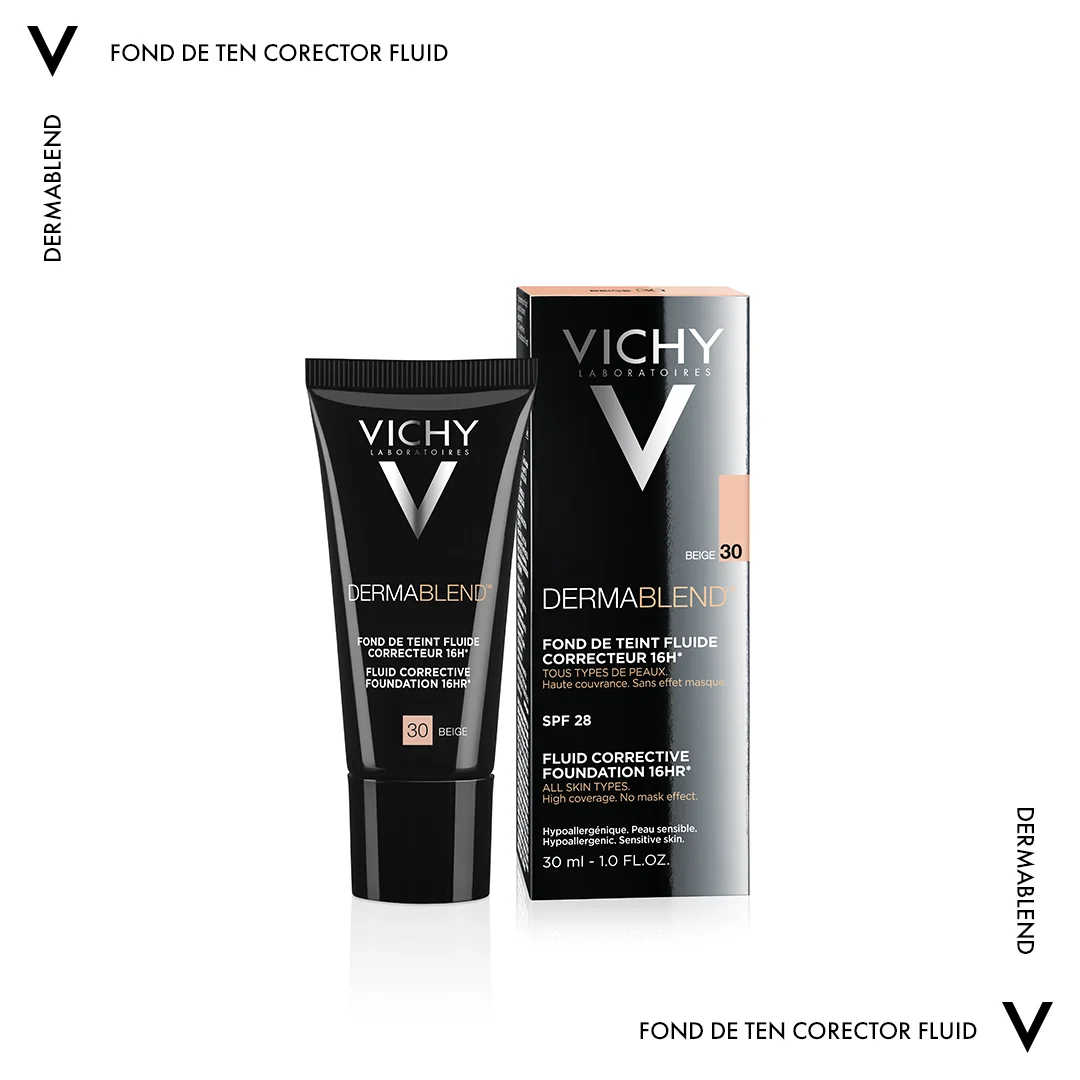 Fond de ten corector fluid rezistenta 16h SPF28 ten normal sau uscat Dermablend 30, 30ml, Vichy