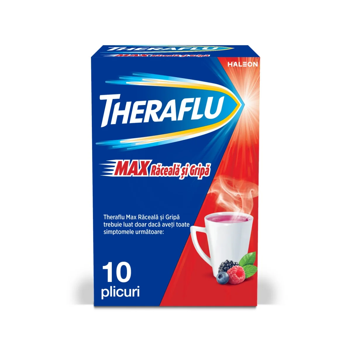 Theraflu Max Raceala si Gripa cu aroma de fructe de padure si mentol, 10 plicuri, Haleon