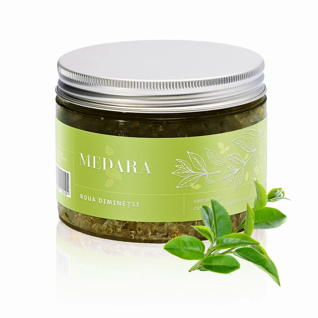 Sare de baie cu ceai verde si ulei de migdale Roua Diminetii, 500g, Medara 