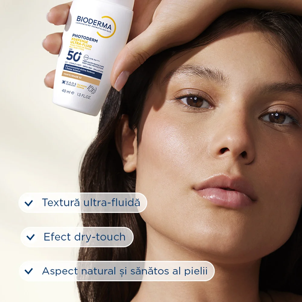 Crema colorata SPF50+ XDefense Ultra-Fluid Fototip 3 pentru protectie UV completa, 40ml, Bioderma