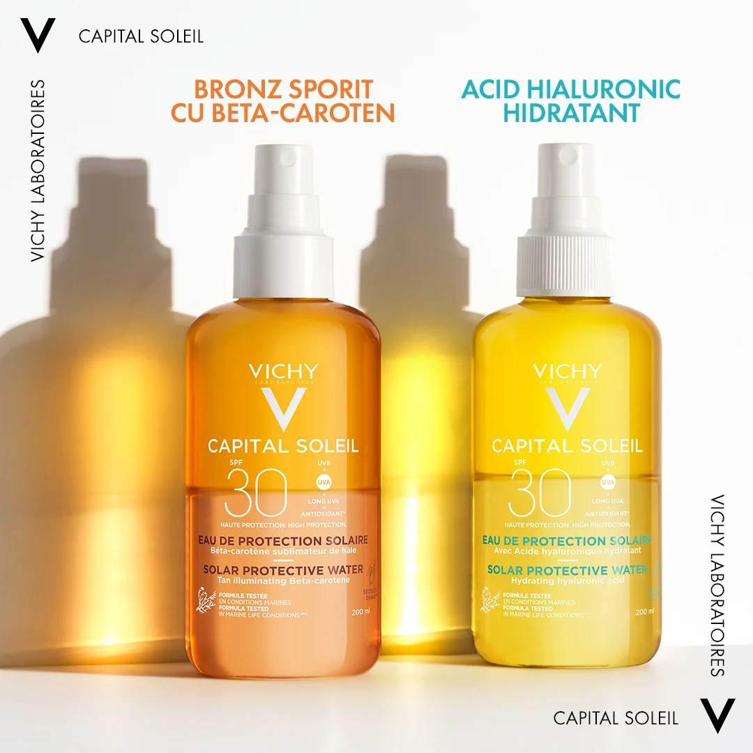 Apa de protectie solara SPF 30 pentru fata si corp cu acid hialuronic Hydra Capital Soleil, 200ml, Vichy