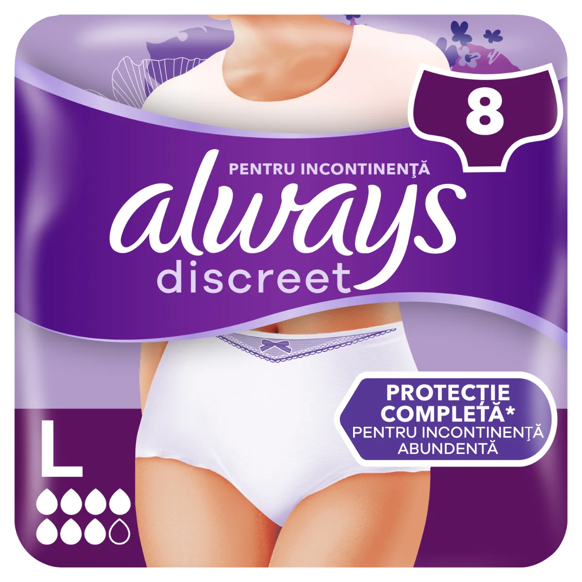 Chiloti pentru incontinenta urinara Discreet 7 picaturi L, 8 bucati, Always