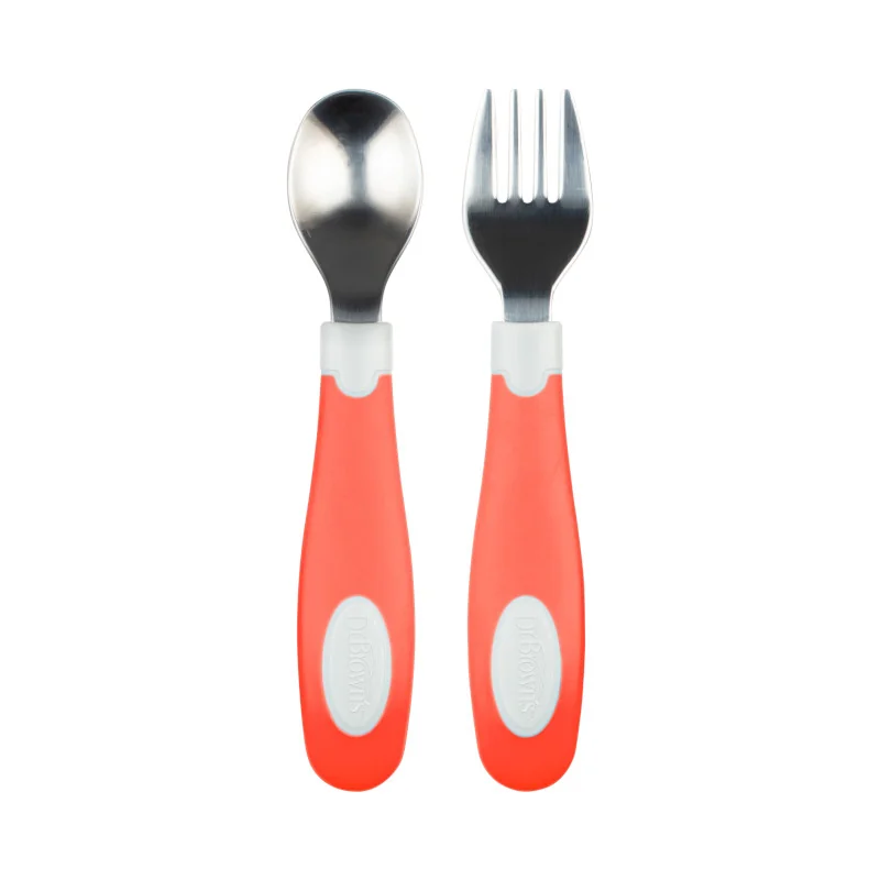 Set lingura si furculita Soft-Grip pentru +12 luni Rosu, 1 bucata, Dr. Brown's