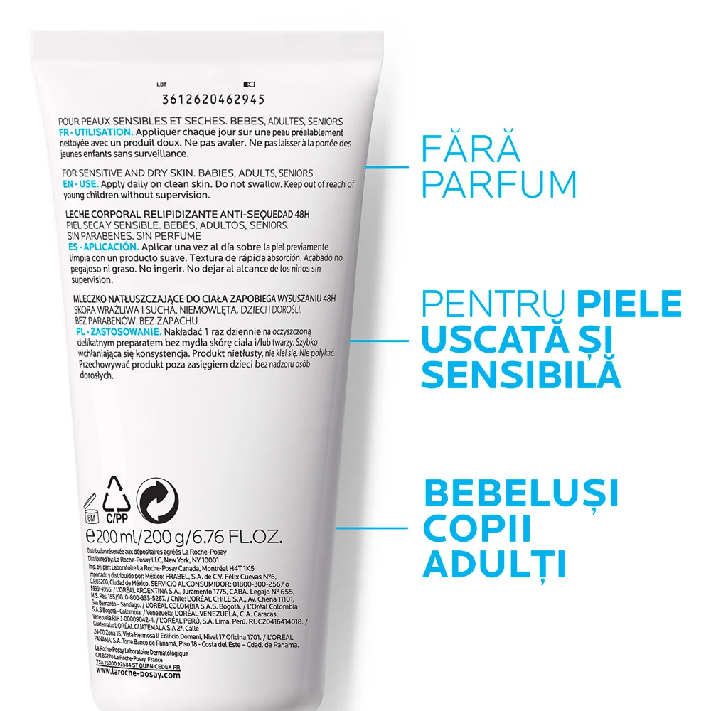 Lapte de corp pentru piele uscata Lipikar, 200ml, La Roche-Posay