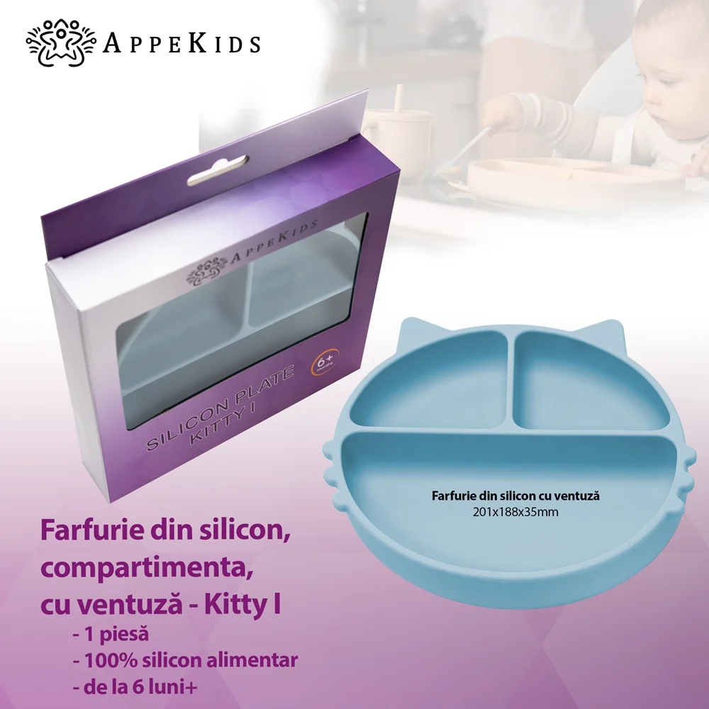 Farfurie compartimentata din silicon cu ventuza Kitty Aqua Blue 6 luni+, 1 bucata, Appekids