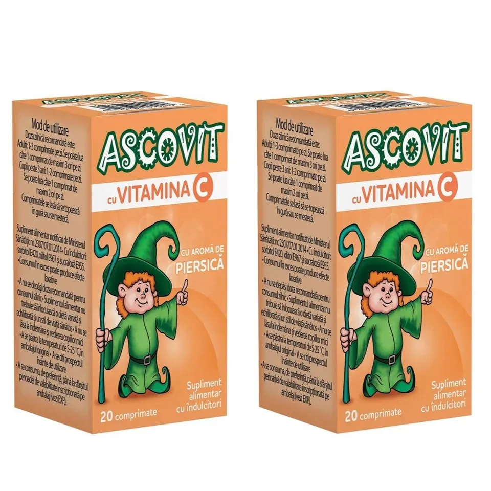 Pachet Ascovit 100mg de piersica 1+1 Gratuit, 2 x 20 capsule, Omega Pharma