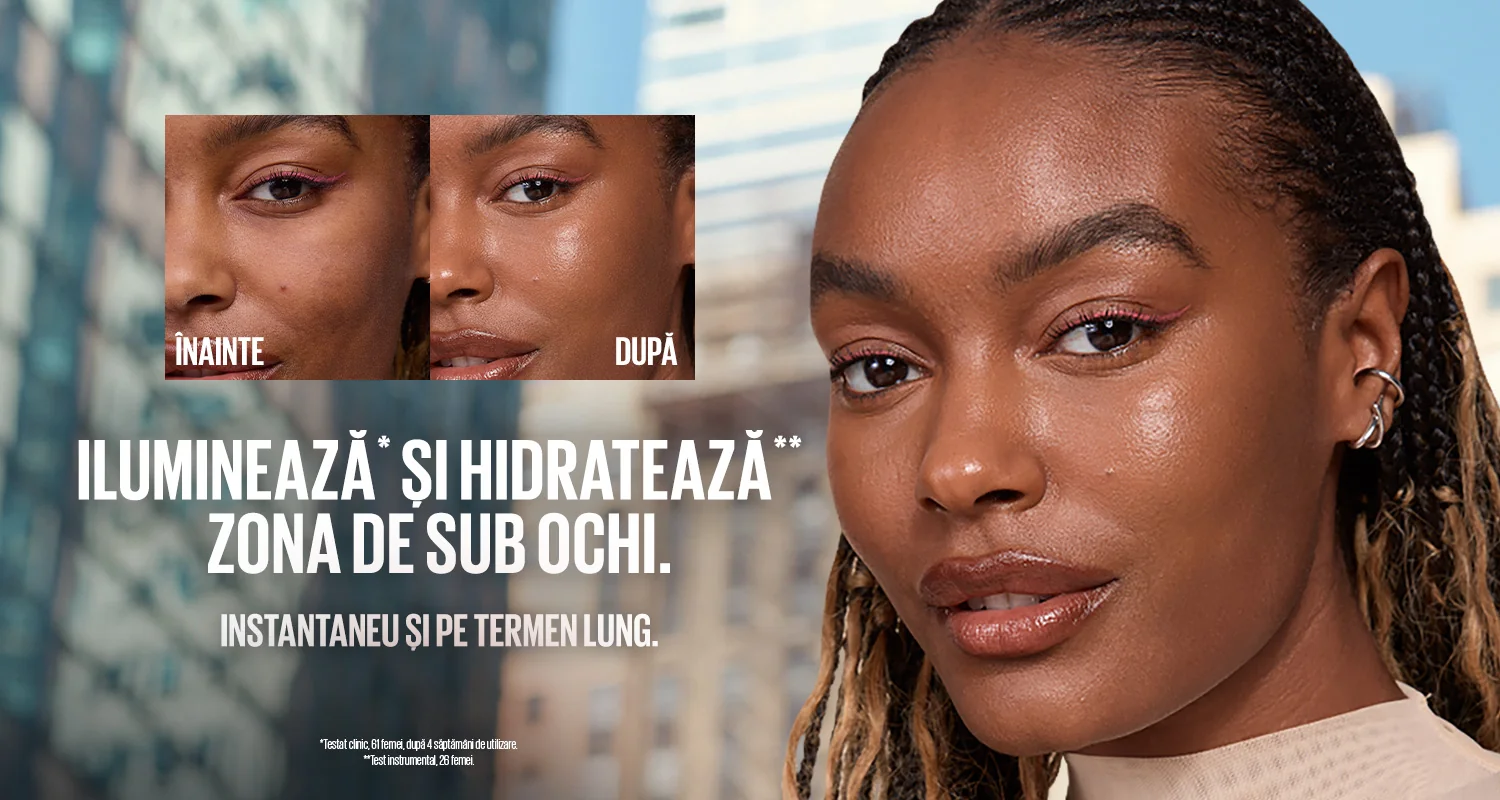 Imagine inainte si dupa, cu model feminin, evidentiind zona iluminata si hidratata de sub ochi. Imagine inainte si dupa, cu model feminin, evidentiind zona iluminata si hidratata de sub ochi.