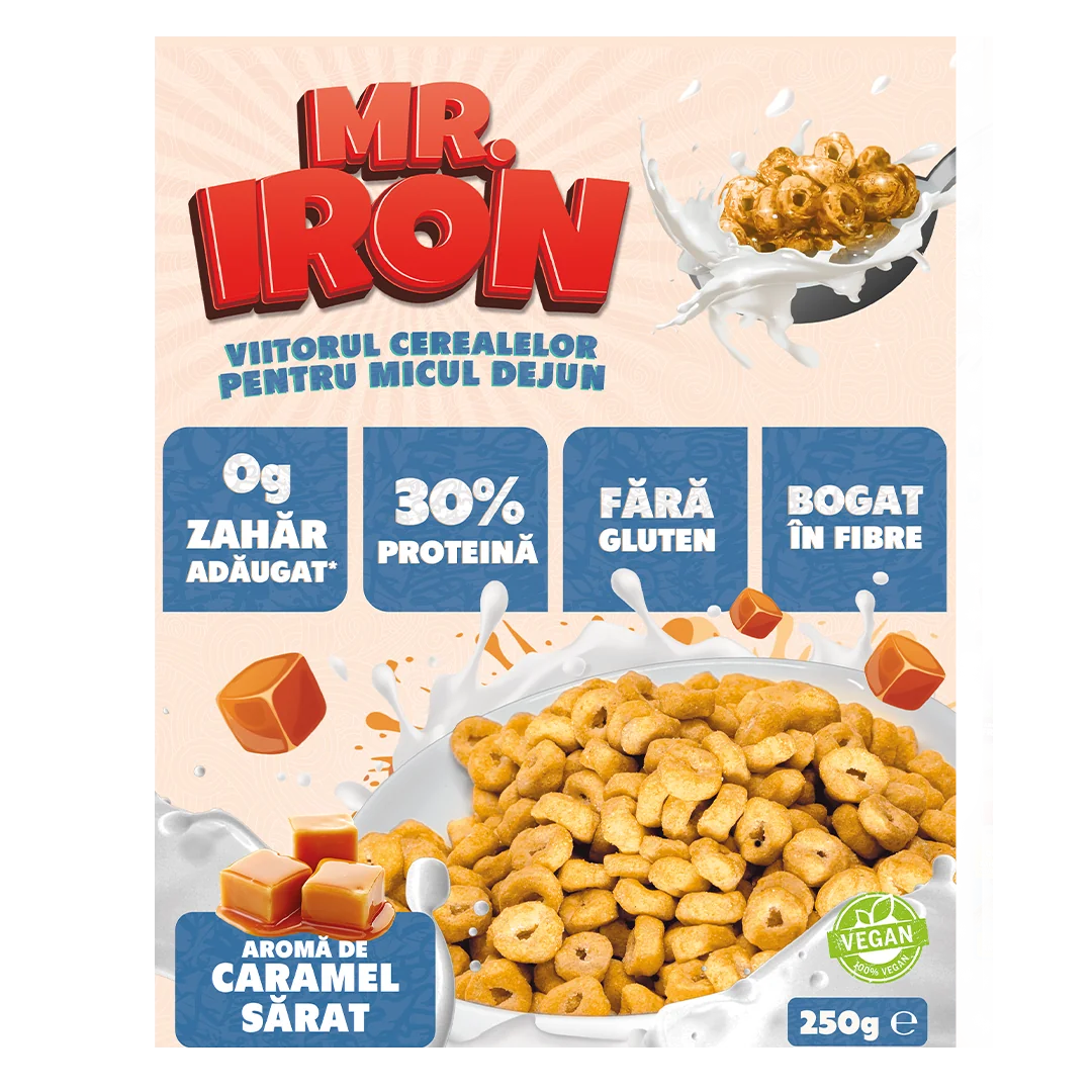 Cereale cu 30% proteina fara zahar low-carb gluten free si vegane Caramel Sarat, 250g, Mr. Iron 