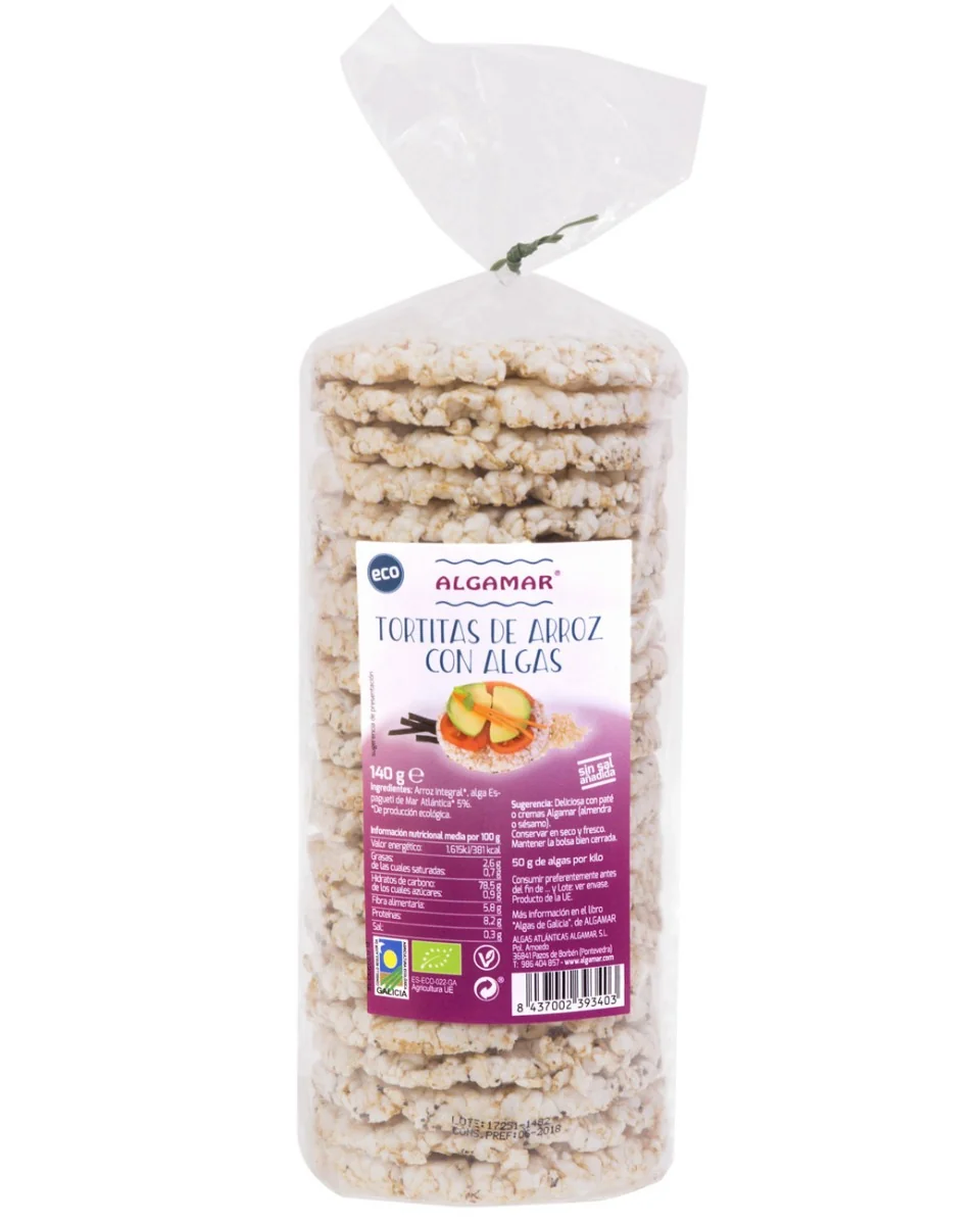 Rondele de orez brun cu alge marine fara sare Bio, 140g, Algamar