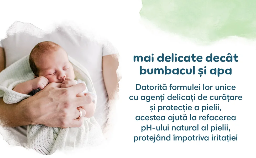 Nou-nascut tinut in brate, alaturi de mesaj despre delicatetea servetelelor si protectia pH-ului natural al pielii. Nou-nascut tinut in brate, alaturi de mesaj despre delicatetea servetelelor si protectia pH-ului natural al pielii.