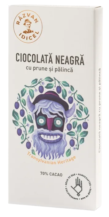 Ciocolata 70% cacao neagra cu prune si palinca, 80g, Razvan Idicel