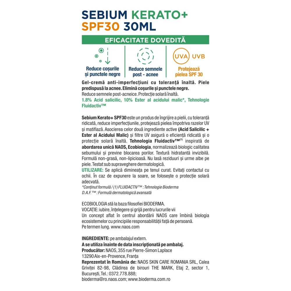 Gel-crema anti-imperfectiuni cu actiune keratolitica si protectie solara pentru ten predispus la acnee Sebium Kerato+ SPF 30, 30ml, Bioderma