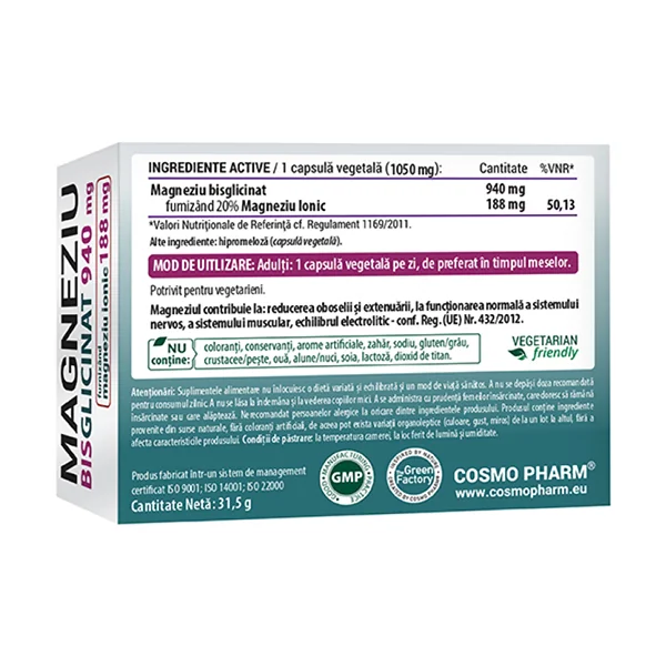 Magneziu Bisglicinat 940mg, 30 capsule vegetale, Cosmo Pharm