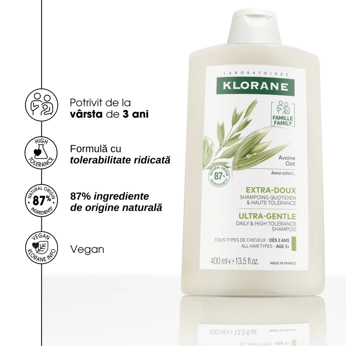 Sampon cu lapte de ovaz pentru utilizare frecventa, 400 ml, Klorane