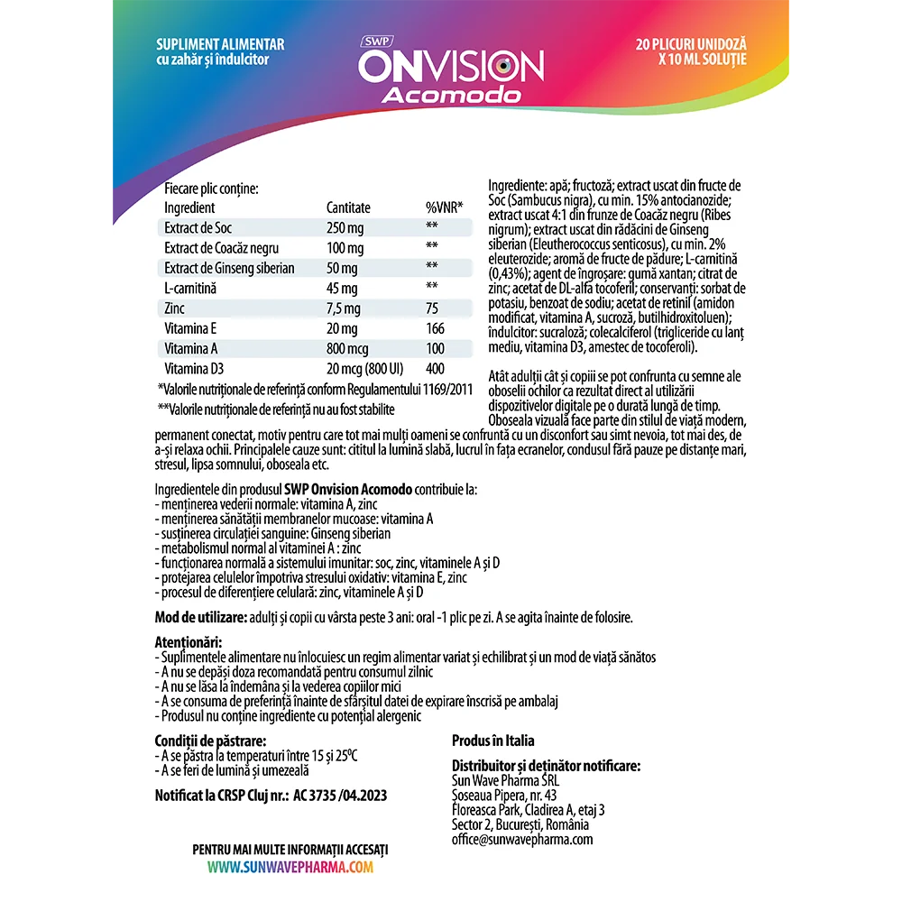 Ovision Acomodo, 20 plicuri, Sun Wave Pharma