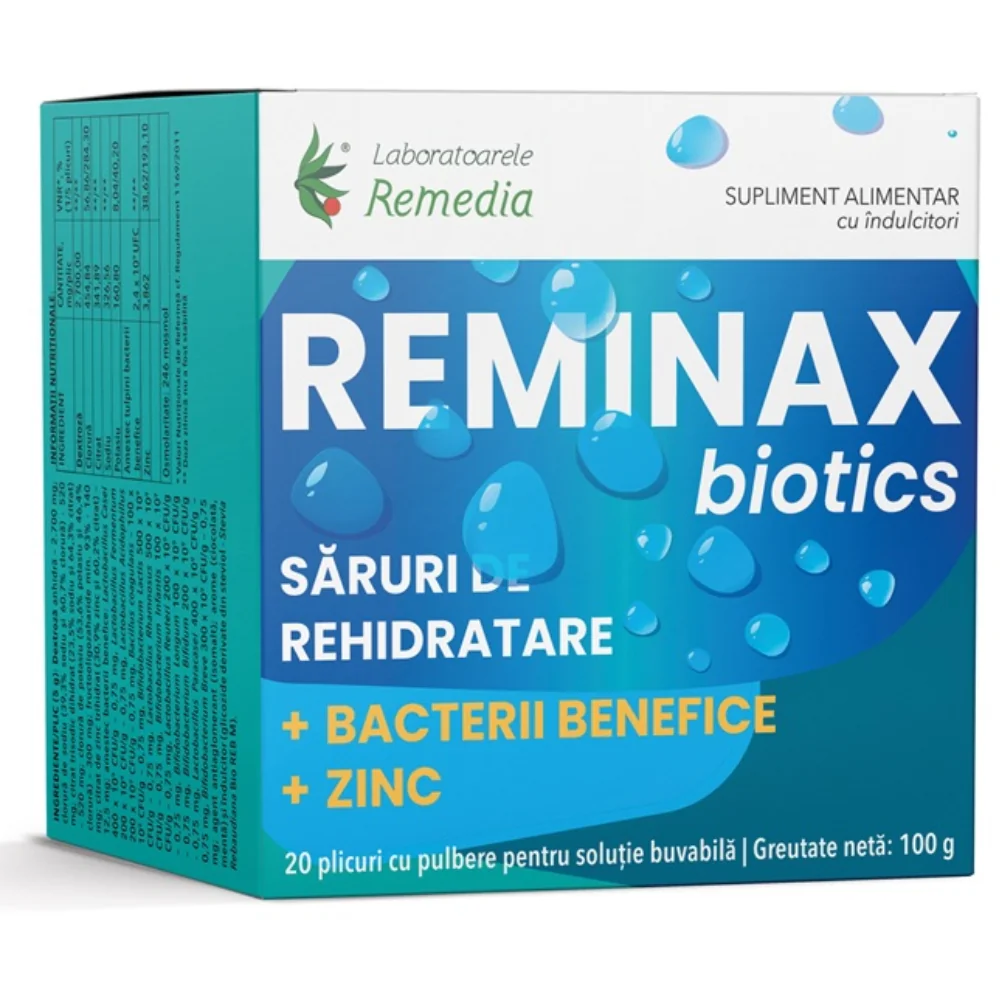 Reminax Biotics Saruri Rehidratare + Bacterii Benefice si Zinc, 20 plicuri, Laboratoarele Remedia