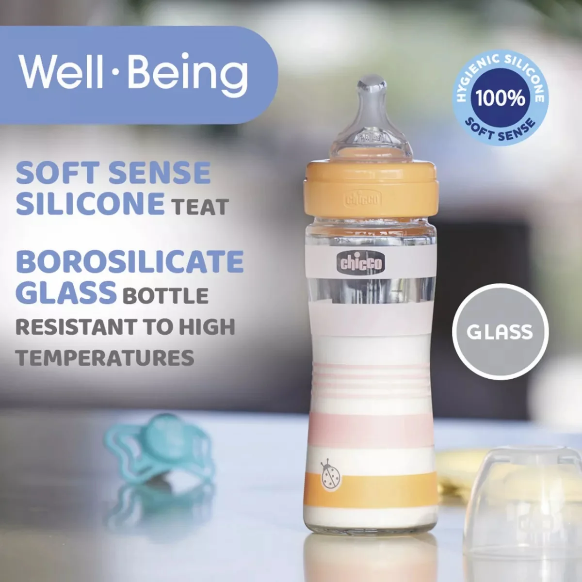 Biberon din sticla cu tetina WellBeing 0 luni+, 240ml, Chicco