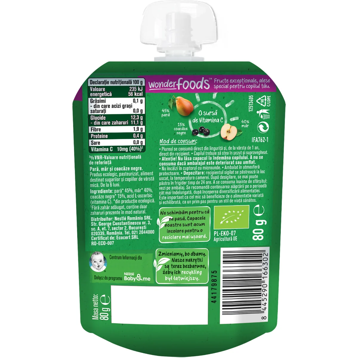 Pouch din pere & mere si coacaze negre de la 6 luni, 80g, Gerber